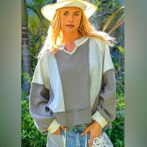 NEW Oversized Notched Neck Long Sleeve Top in Grey Multi Sz Small
